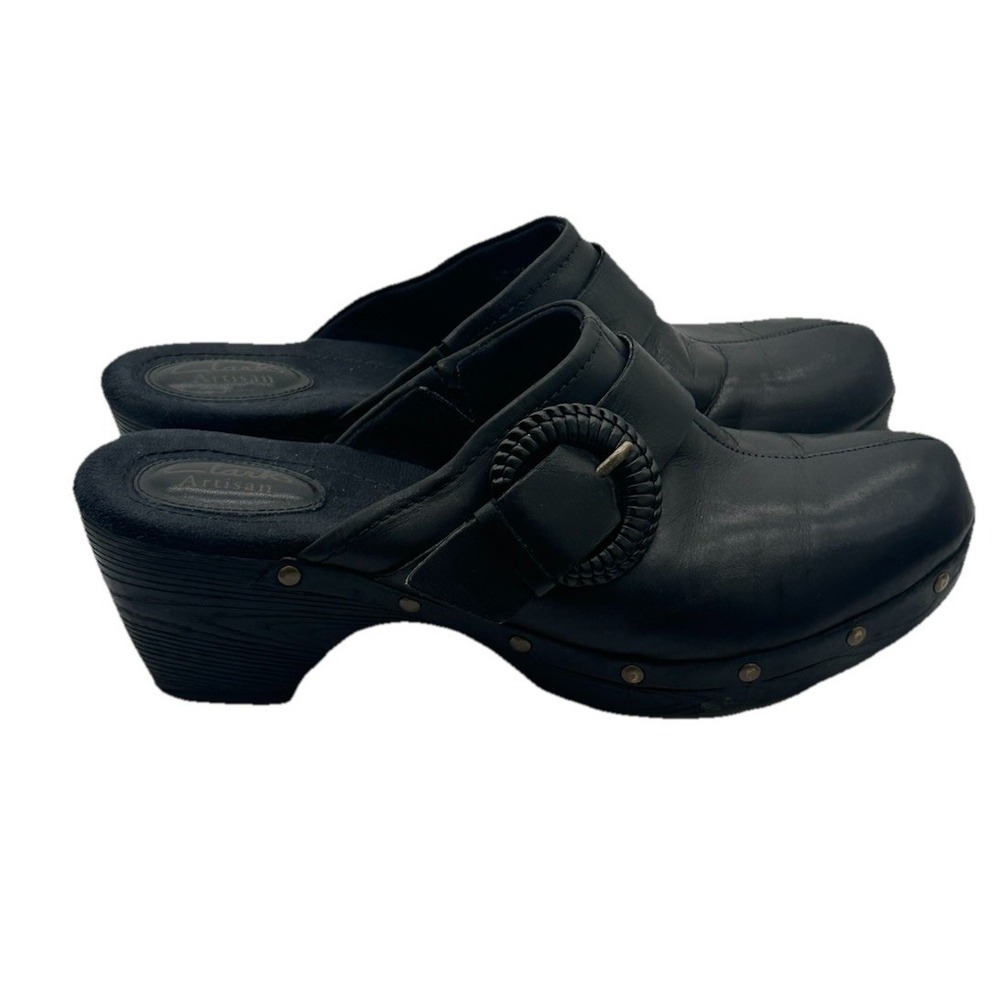 Clarks Black Leather Clog Mules with Decorative Buckle - Picture 2 of 7